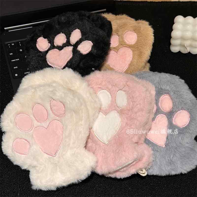 手袋 レディース かわいい 冬 暖かい 防寒 防風 ふわふわ 厚手 柔らかい ミトン 指なし ハート 肉球 白 黒 ピンク 外出 普段使い プレゼント