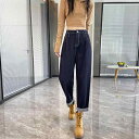 デニムパンツ レディース ワイド ジーンズ 秋 ハイウエスト ゆったり レトロ ジッパー ポケット ストレート 大きいサイズ 九分丈 ゴム カジュアル 普段使い レジャー おしゃれ 無地 シンプル 青