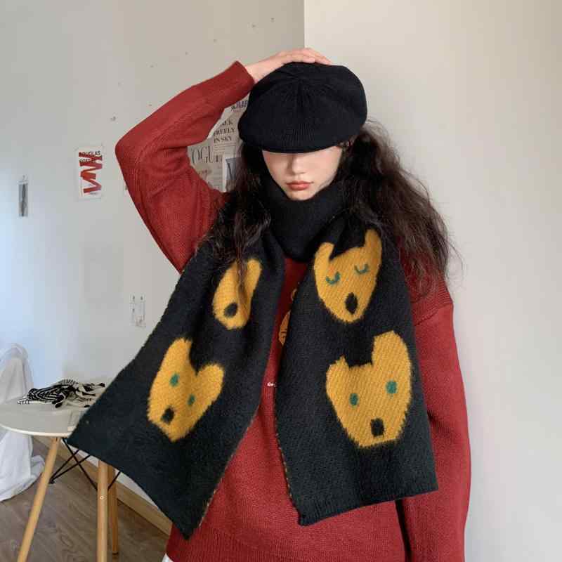 Rakuten - マフラー レディース 秋冬 女性 厚手 暖かい 防寒 ロング ヤング 韓国 普段使い レジャー 動物 顔 かわいい 柔らかい 黒 カジュアル