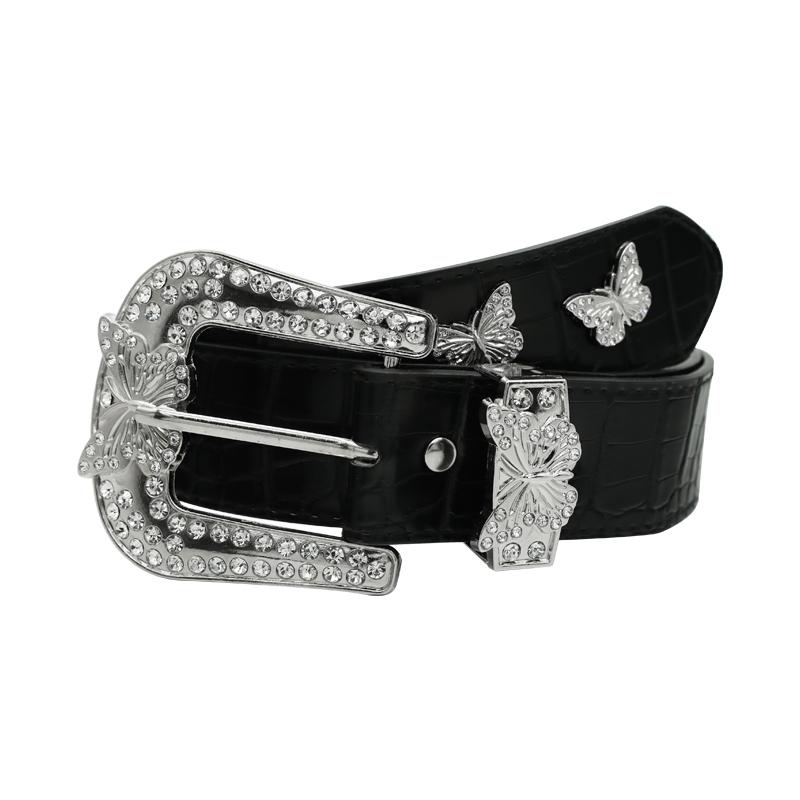 ベルト レディースおしゃれ ラインストーン アメリカン レトロ 夏 バタフライ 装飾 ジーンズ 太い かっこいい バックル 黒 学生 カジュアル