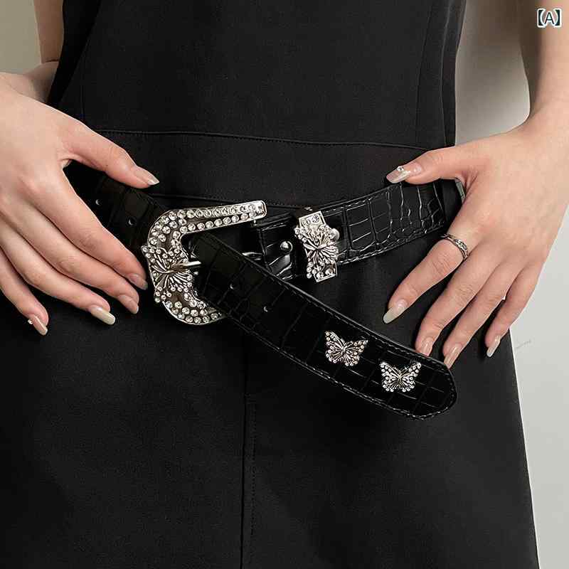 ベルト レディースおしゃれ ラインストーン アメリカン レトロ 夏 バタフライ 装飾 ジーンズ 太い かっこいい バックル 黒 学生 カジュアル