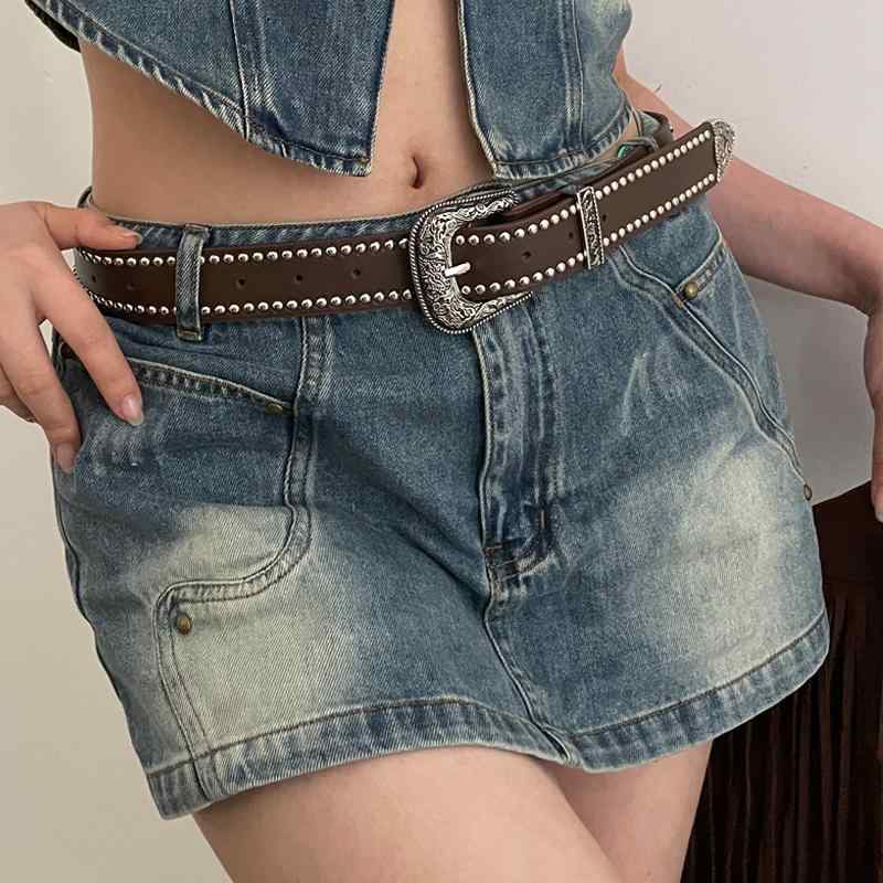 ベルト レディース おしゃれ アメリカン レトロ 夏 ホットガール リベット スカート 普段使い レジャー ごつめ PUレザー ヒップホップ ピン バックル 太 黒 茶