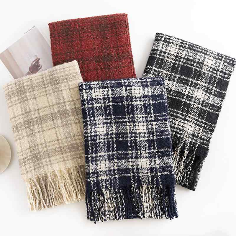 For Women - マフラー レディース 大人 秋冬 防風 防寒 保温 暖かい 普段使い 外出用 大きめ ショール チェック柄 フリンジ カジュアル おしゃれ アイボリー 紺 赤