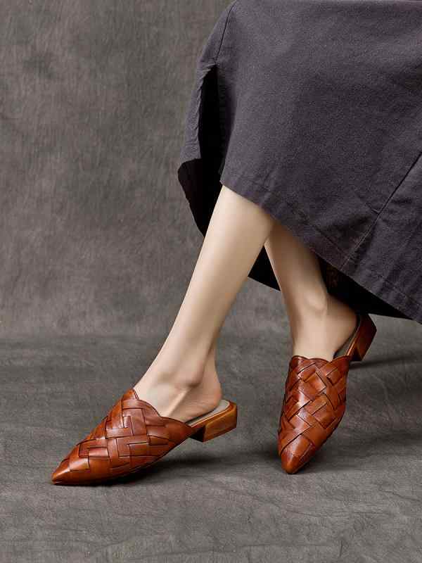 ミュール サンダル おしゃれ カジュアル つま先 あり 牛革 スリッパ レトロ トゥキャップ 夏 ローヒール 太い 防滑 柔軟 快適 キャラメル シンプル 無地 格子 つっかけ