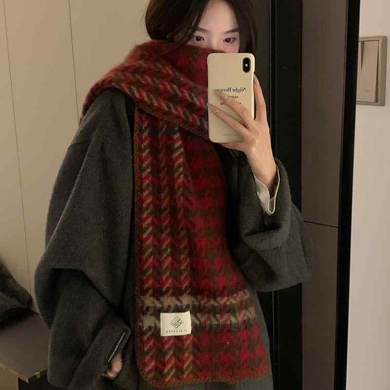 マフラー レディース 冬 韓国 暖かい ロング ネックウォーマー ストール 羽織り ひざ掛け アウトドア 防寒 クリスマスプレゼント 千鳥格子柄 おしゃれ 赤 緑 グレー