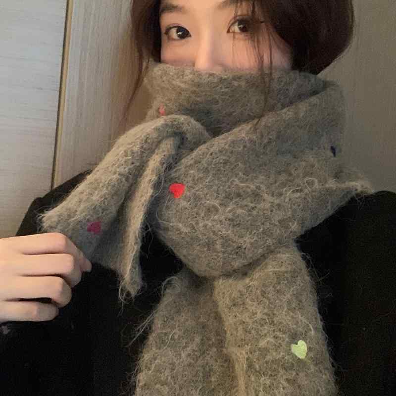 マフラー レディース 冬 ニット ネックウォーマー 暖かい 柔らかい 韓国 無地 シンプル ハート 長方形 ポリエステル 通学 防寒対策 おしゃれ 白 茶 赤