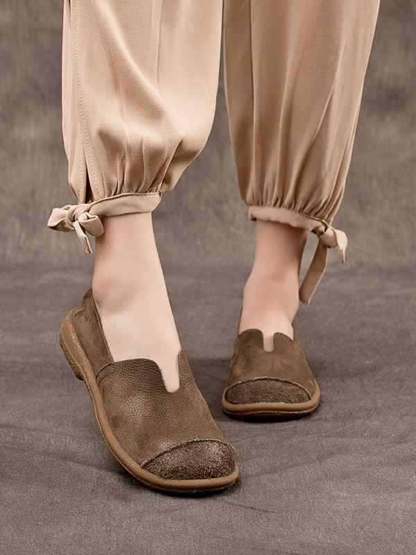 スリッポン レディース 大人 ヴィンテージ風 牛革 フラット ラウンドトゥ 浅履き 普段使い カジュアル シンプル おしゃれ グレー