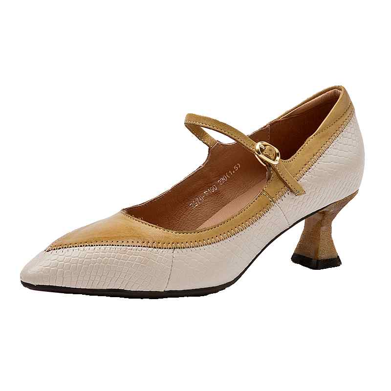 パンプス ストラップ ピンバックル 大人 上品 エレガント レディース 春 ポインテッドトゥ カラーブロック 革 普段使い レトロ エスニック 浅履き おしゃれ 茶 カーキ