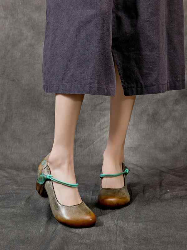 パンプス 太ヒール 大人 レディース 春 革 レトロ エスニック ラウンドトゥ ストラップ 普段使い 浅履き おしゃれ グレー