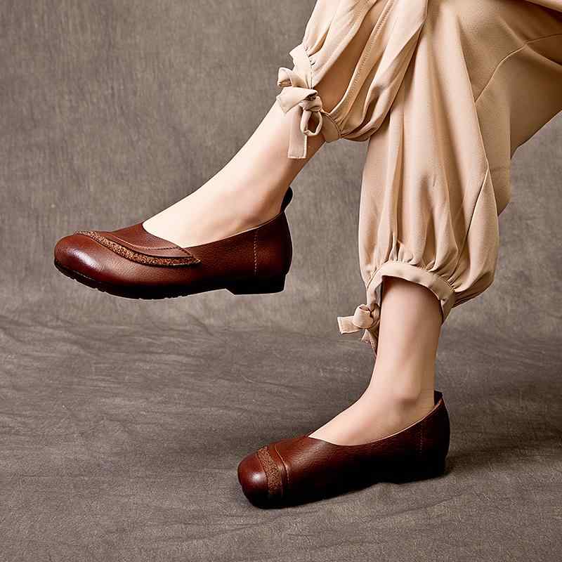 パンプス ローヒール フラット 大人 レディース 普段使い レトロ 牛革 浅履き ラウンドトゥ 大きめ 幅広 カジュアル シンプル おしゃれ 茶