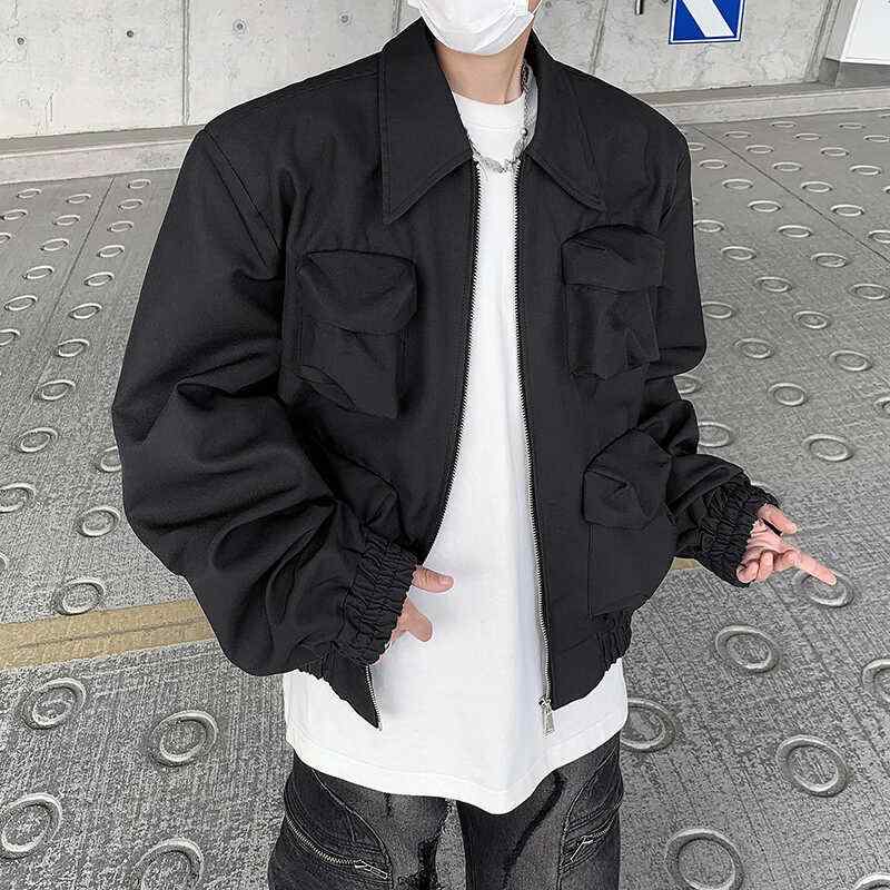 ジャケット メンズ ヴィンテージ風 アウター 長袖 肩パッド ジップアップ 多ポケット 大きいサイズ ゆったり シンプル カジュアル 黒 アプリコット