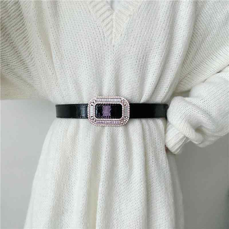 ウエストマーク ベルト レディース バックル 金具 装飾 アクセサリー おしゃれ ウール スカート ワンピース PUレザー ラインストーン 黒 普段使い(4.0)