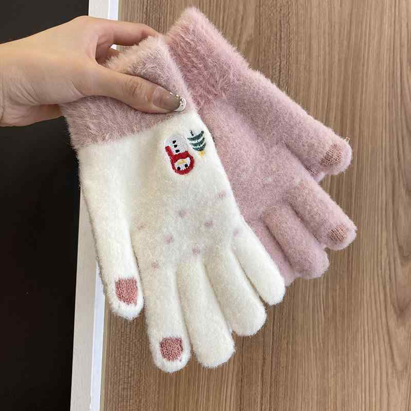 手袋 レディース スマホ対応 暖かい 厚手 裏地 ニット 5本指 柔らかい 防寒 保温 雪だるま 刺繍 かわいい 通学 フリーサイズ 茶 白 ピンク(4)
