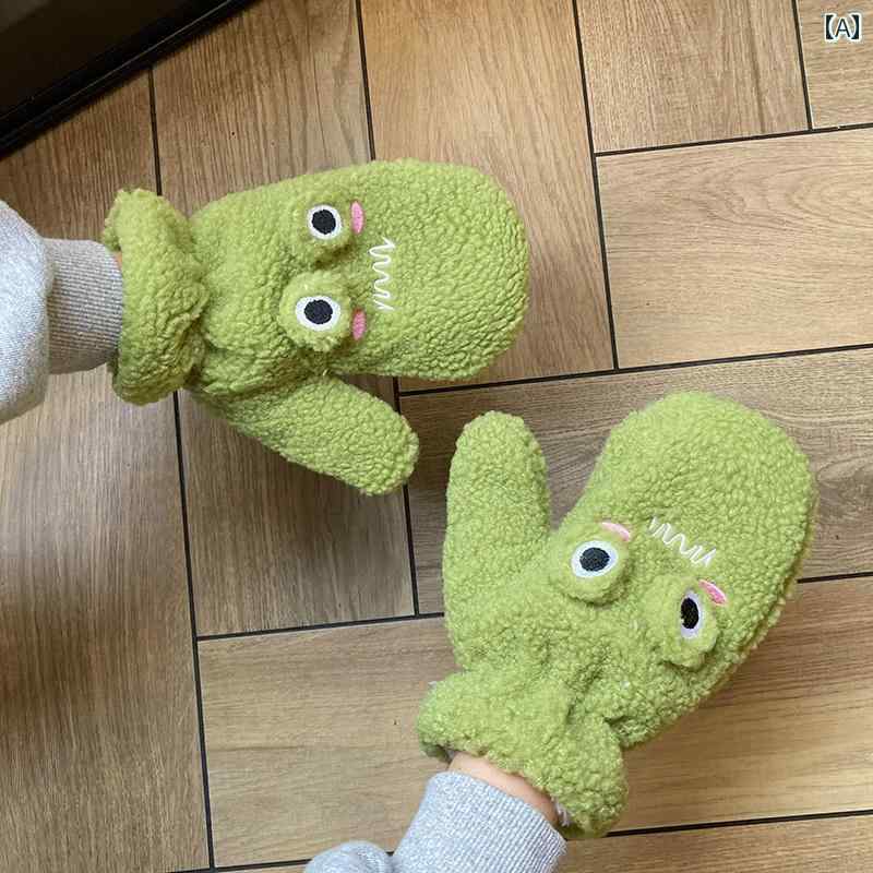 手袋 指なし ミトン レディース 暖かい 冬 かわいい カエル 韓国 厚手 裏ボア 防寒 保温 紐付き 首掛け 通学 カップル フリーサイズ 緑 白