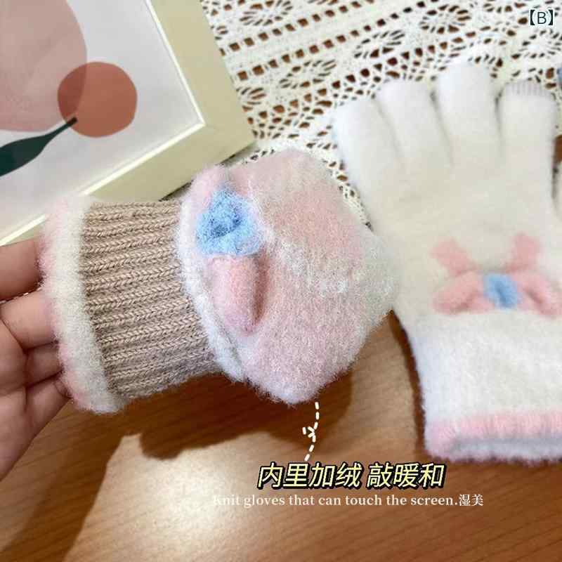 手袋 レディース スマホ対応 暖かい ウール ニット 厚手 防寒 保温 かわいい リボン柄 通勤 通学 5本指 フリーサイズ ピンク 白 グレー