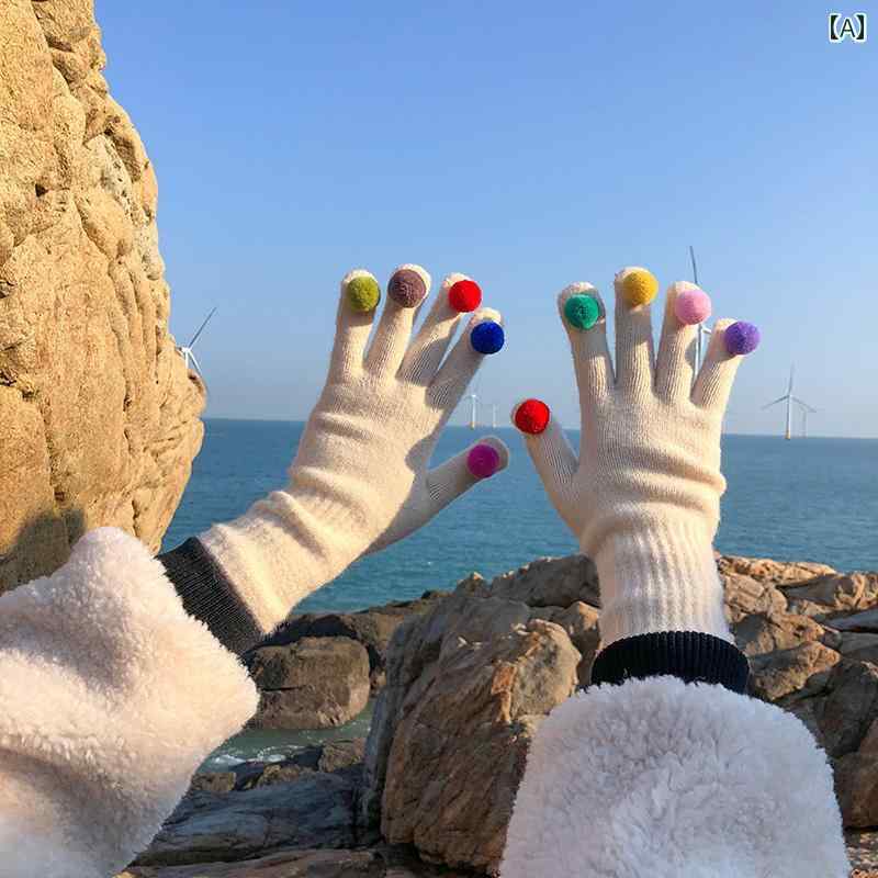 手袋 レディース 暖かい ニット 冬 かわいい カラフル ポンポン 5本指 韓国 防寒 保温 通学 アウトドア フリーサイズ 黒 紫 青