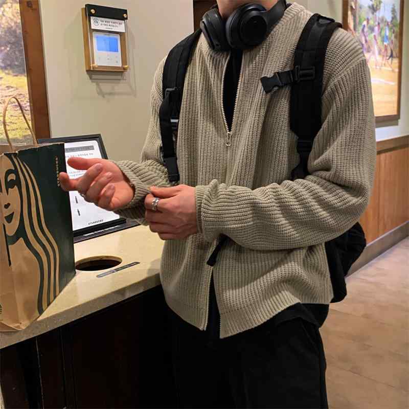 カーディガン メンズ 秋 セーター ラウンドネック ジップアップ ファスナー 韓国 カジュアル ソリッドカラー シンプル トップス 長袖 ラフ ゆったり 普段使い 黒 グレー 青