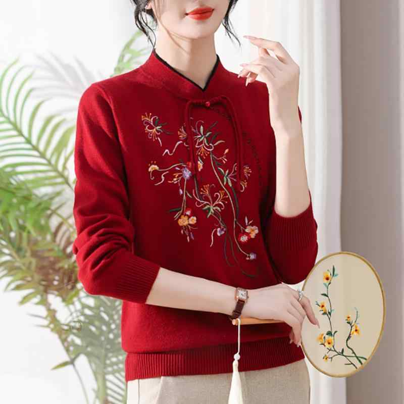 V-Neck - セーター 長袖 レディース 女性 ルーズ ニット プルオーバー トップス ウエスタン Vネック 刺繍 花柄 フラワー チャイナボタン 中華 赤 オレンジ キャメル