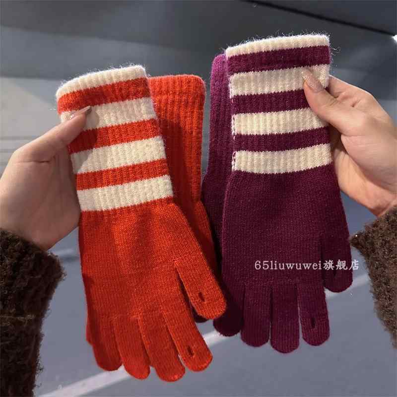手袋 レディース 秋冬 保温 ニット ウール 韓国 ロング 手首保護 防寒 防風 スマホ対応 暖かい 五本指 グローブ かわいい 通学 普段使い お出かけ プレゼント クリスマス シンプル ボーダー 黒 緑 赤