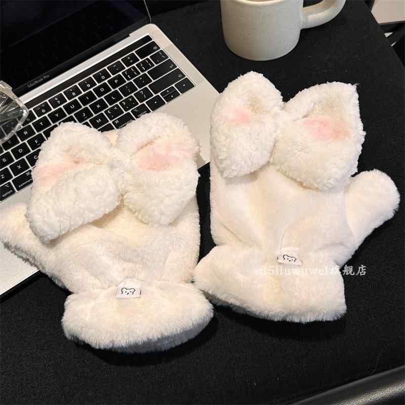 手袋 レディース 秋冬 リボン かわいい ミトン グローブ もこもこ 防寒 防風 厚手 暖かい 通学 普段使い お出かけ プレゼント クリスマス シンプル 白