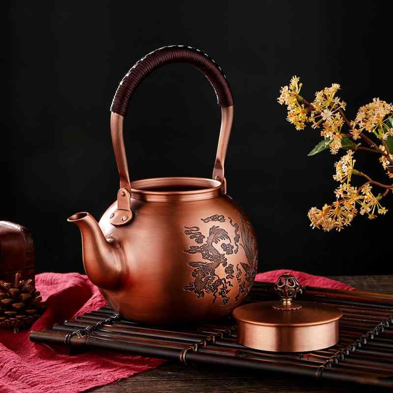 ティーポット 紫銅 ケトル やかん 装飾 収集 水炊き 手彫り レトロ 百福 五牛 龍鳳 彫刻 おしゃれ アン..