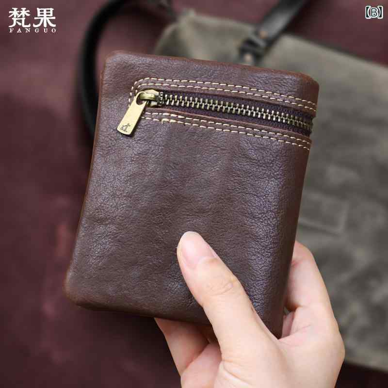 財布 レザー メンズ 大人 ヴィンテージ風 カードケース 小銭入れ ファスナー ボタン 縦型 柔らかい カジュアル シンプル おしゃれ 黒 茶 二つ折り