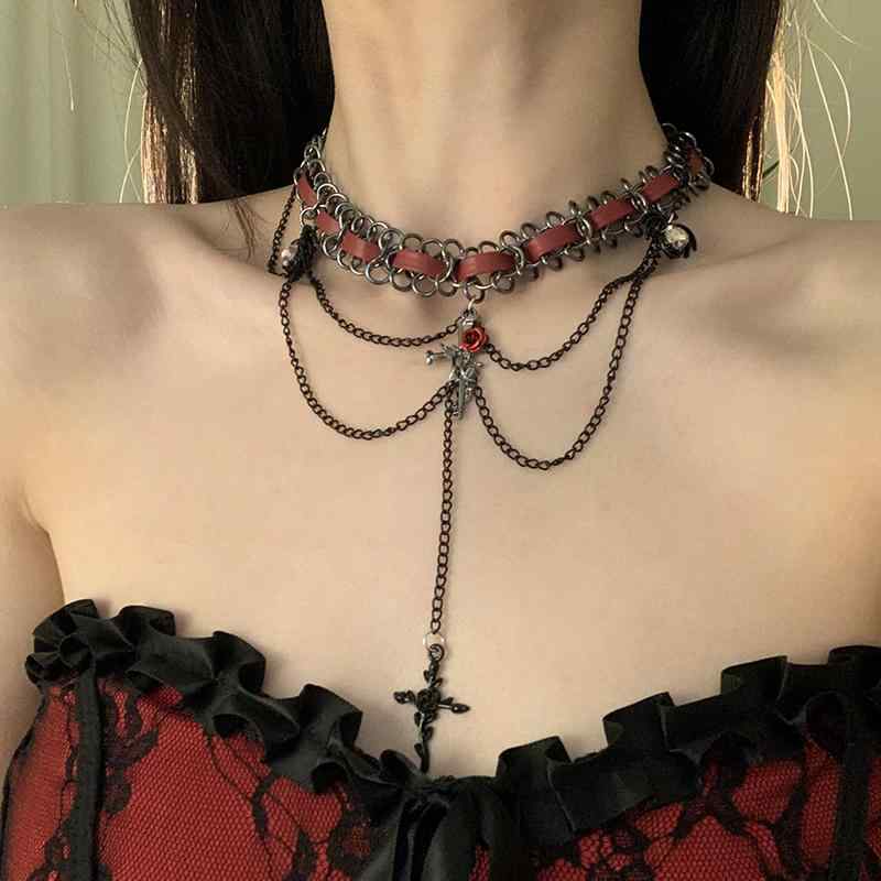 チョーカー レディース 多連 レザー チェーン ローズ クロス 星 ネックレス アクセサリー ハロウィン コスプレ 衣装 ゴシック パンク レトロ おしゃれ