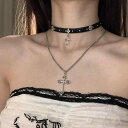 チョーカー レディース 2連 細め レザー クロス ネックレス アクセサリー ダーク 甘辛 ギャル ゴシック ハロウィン コスプレ ステージ 衣装 レトロ おしゃれ