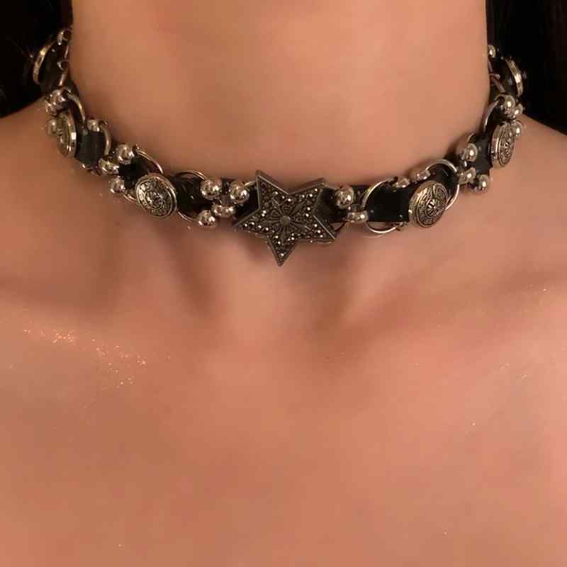 チョーカー レディース 韓国 レザー 合金 編み 五芒星 アクセサリー パンク ステージ ハロウィン コスプレ 衣装 おしゃれ カジュアル