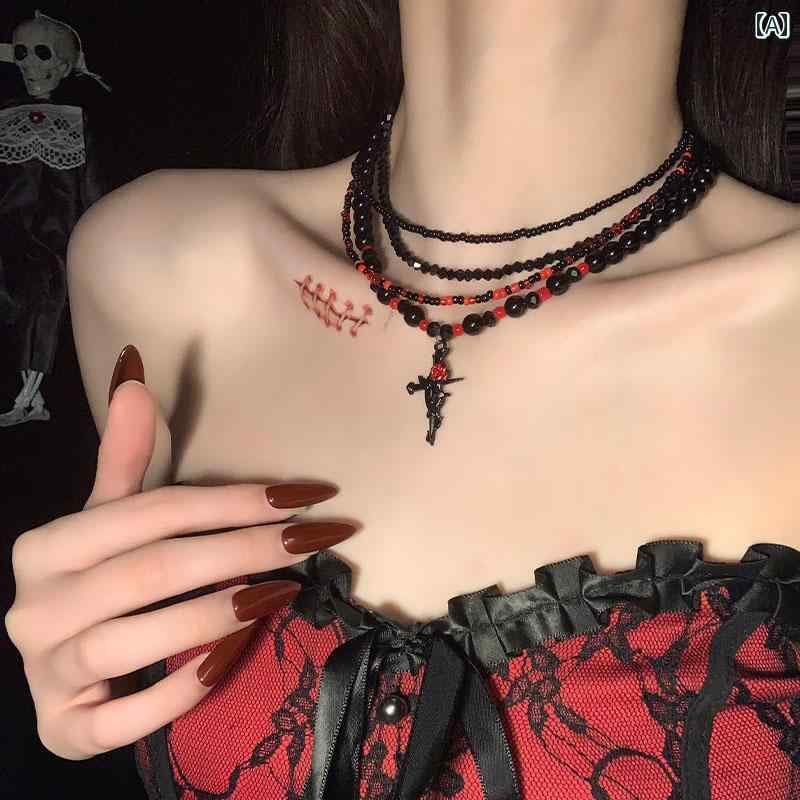 チョーカー レディース ビーズ ローズ 十字架 多連 ネックレス アクセサリー ハロウィン コスプレ 衣装 ゴシック ダーク レトロ おしゃれ 赤