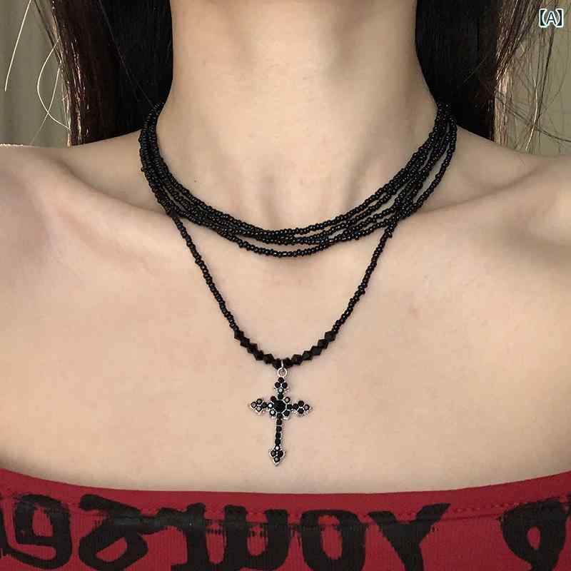 黒 チョーカー レディース 赤 青 多連 ビーズ クロス ネックレス アクセサリー ダーク ギャル ハロウィン コスプレ 衣装 レトロ カジュアル おしゃれ