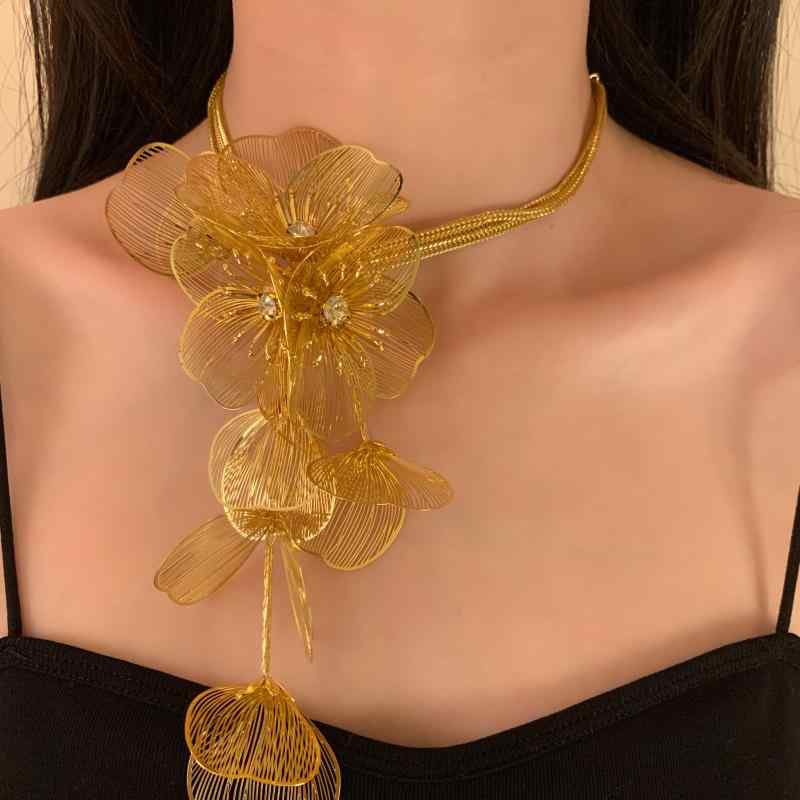 チョーカー レディース イヤークリップ 多連 細め 合金 チェーン 花 ネックレス アクセサリー パーティー 衣装 チャイナ風 レトロ おしゃれ ゴールド シルバー