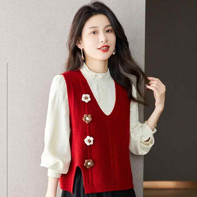 ベスト レディース 秋 ニット ウール プルオーバー Vネック ノースリーブ スリット ゆったり ソフト 通気 色褪せにくい かわいい 花 カーキ 赤 ベージュ 大きいサイズ