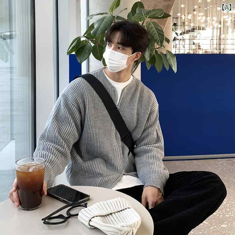カーディガン メンズ 秋冬 シンプル カジュアル セーター おしゃれ ゆったり 普段使い 長袖 トップス 韓国 ラウンドネック グレー おでかけ ジップアップ