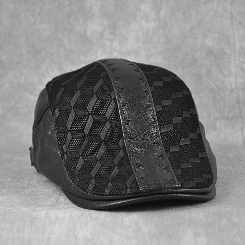 ハンチング 帽 メンズ シープスキン 刺繍 チェック 柄 紳士 ゴルフ 旅行 大きいサイズ 調節可能 秋冬 快適 おしゃれ ギフト レザー 黒 茶