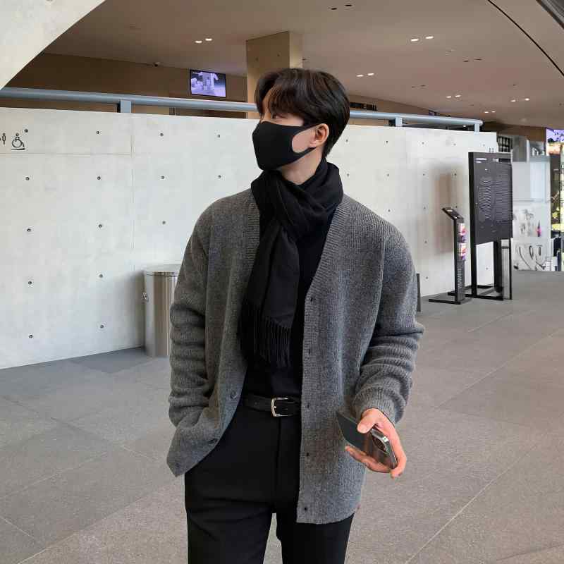 カーディガン メンズ 秋冬 無地 Vネック 長袖 セーター シンプル カジュアル 普段使い グレー 黒 青 おしゃれ トップス 韓国 おでかけ