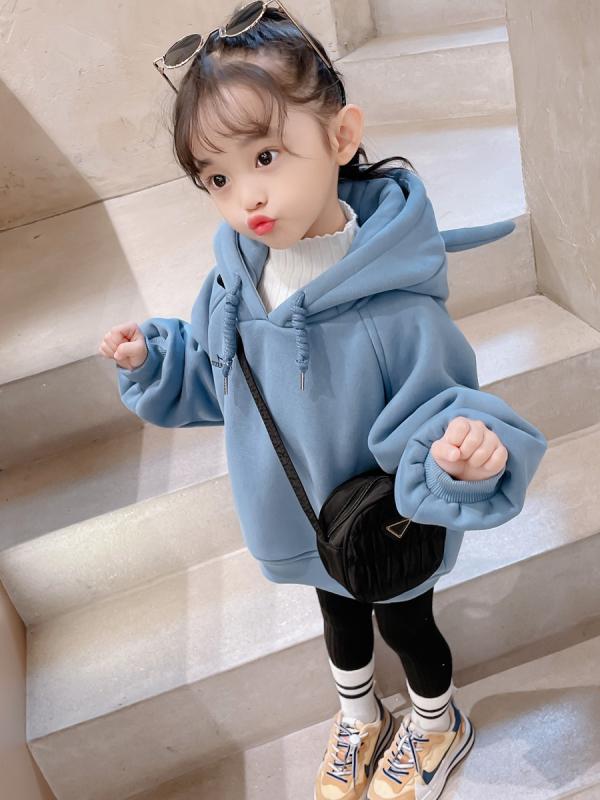 パーカー キッズ 女の子 子供 フード 秋冬 長袖 カジュアル スウェット 裏起毛 厚手 暖かい シンプル おしゃれ かわいい 綿 耳付き ロゴ お出かけ レジャー ピンク 青