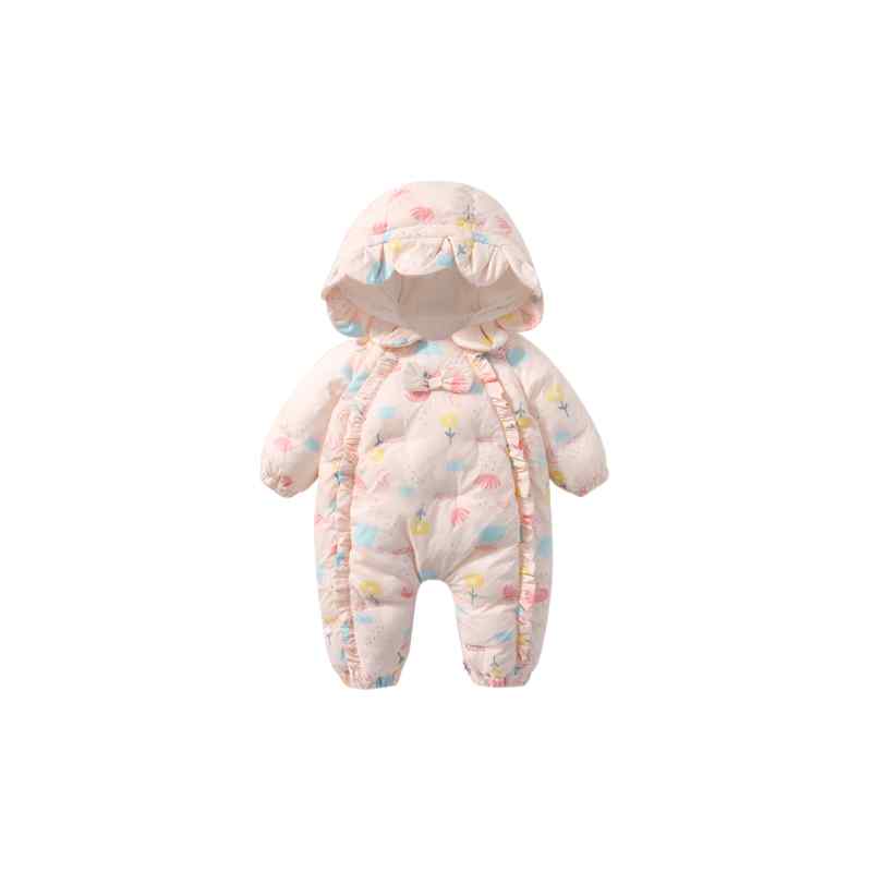 ジャンプスーツ キッズ ベビー 赤ちゃん 女の子 秋冬 韓国 厚手 暖かい 綿 フード ジップアップ カバーオール アウター 雪遊び かわいい フリル リボン ピンク