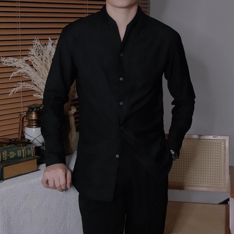 Other - シャツ メンズ 長袖 ビジネス 紳士 大きいサイズ キーネック カジュアル オフィス スリム ノーアイロン 黒 白 茶色 無地 スタイリッシュ