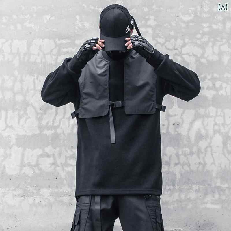 スウェット トップス メンズ サバゲー おしゃれ カジュアル タクティカル ニッチ ダーク 秋 長袖 ルーズ 機能的 戦術的 フェイクツーピース 重ね着風 長袖 ストリート