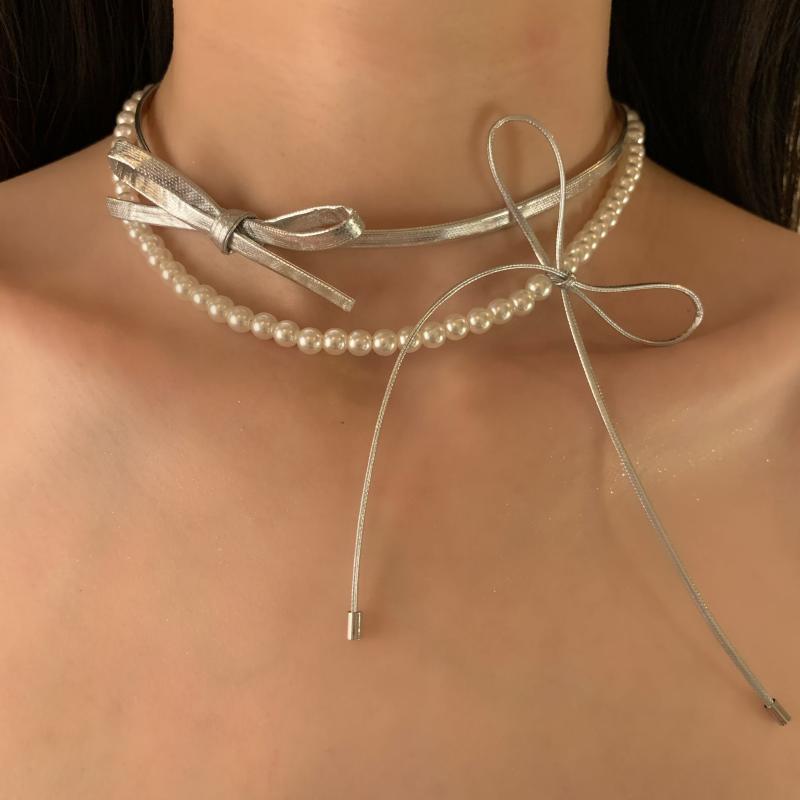 チョーカー レディース 首飾り ネックレス アクセサリー 鎖骨 チェーン パール リボン 2連 調節可能 結婚式 お呼ばれ 韓国 おしゃれ