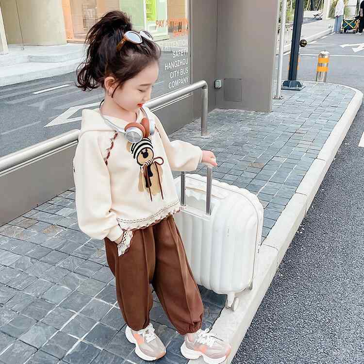 セットアップ キッズ 長袖 女の子 春 パーカー スウェット パンツ くま レース カジュアル ゆったり かわいい 伸縮性 フード アイボリー 普段使い アウトドア