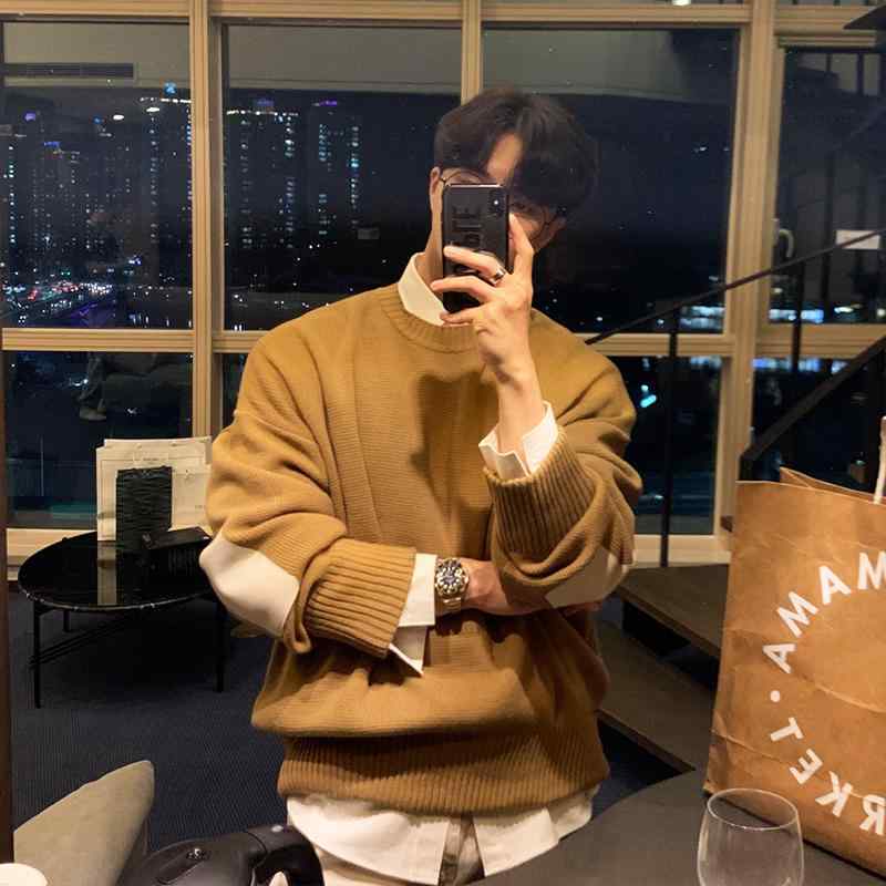 Knit Sweater - セーター メンズ 秋冬 大人 長袖 韓国 肘当て エルボーパッチ レトロ ラウンドネック ニット カジュアル ゆったり シンプル 無地 おしゃれ トップス お出かけ ショッピング レジャー 黄色