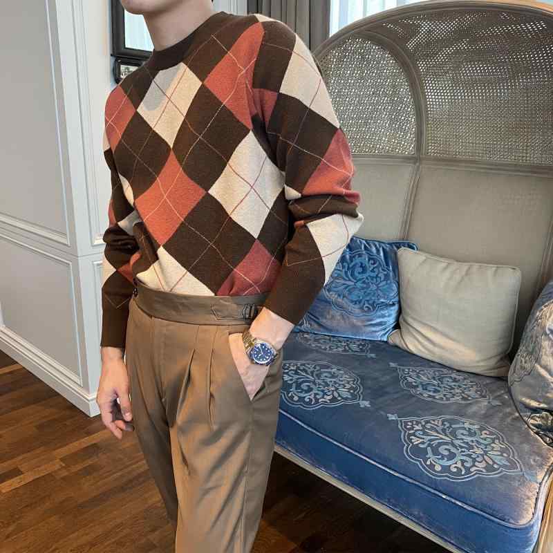 セーター メンズ 秋冬 大人 紳士 チェック柄 カレッジ風 レトロ 長袖 ジャガード カジュアル ニット ラ..