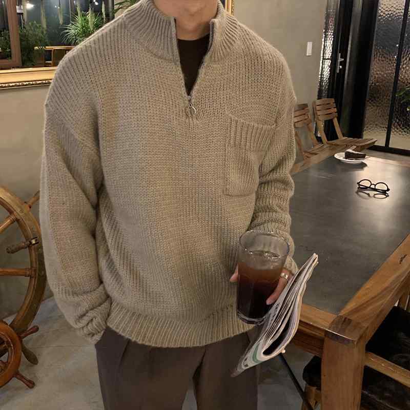Knit Sweater - セーター メンズ 秋冬 大人 長袖 ハーフジップアップ 胸ポケット ゆったり カジュアル ニット プルオーバー トップス シンプル 無地 おしゃれ お出かけ ショッピング カーキ