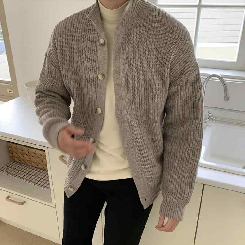 メンズ カーディガン ジャケット 男性 紳士 韓国 秋 ニット セーター カジュアル 普段使い ルーズ ゆったり ベージュ 黒 グレー 無地 ボタン スタンドカラー
