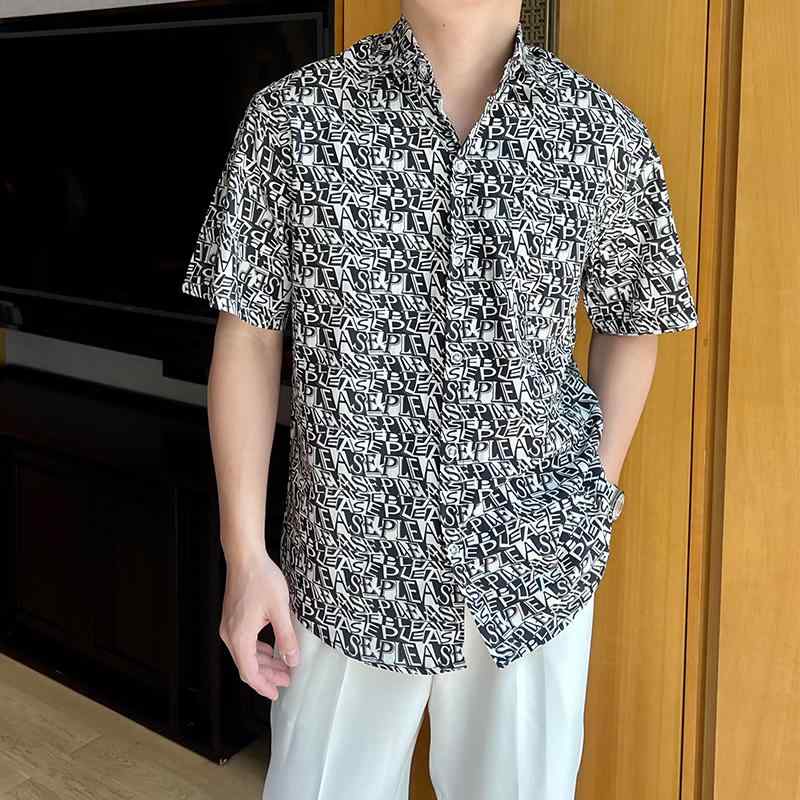 メンズ シャツ 半袖 秋 夏 レトロ カジュアル レタープリント ゆったり 薄手 ビーチ 海 トップス 襟 通気性 ボタン 普段使い レジャー おしゃれ 黒