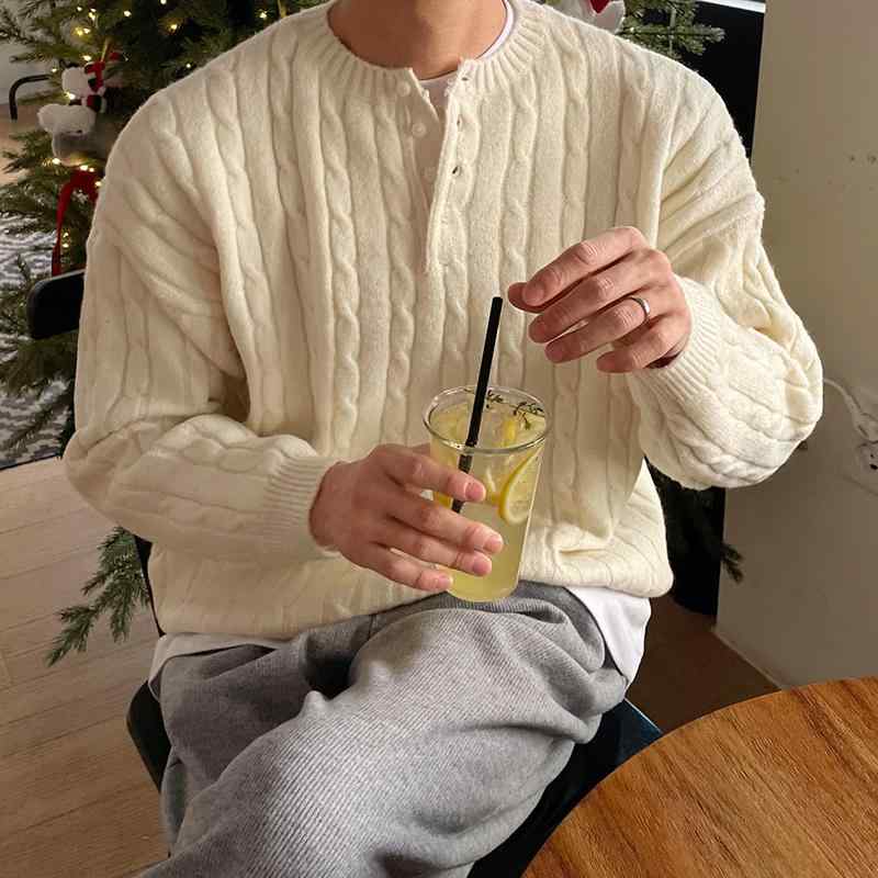 セーター メンズ 秋冬 大人 韓国 ニット カジュアル ハーフボタン 長袖 ゆったり プルオーバー トップス おしゃれ お出かけ ショッピング アプリコット カーキ