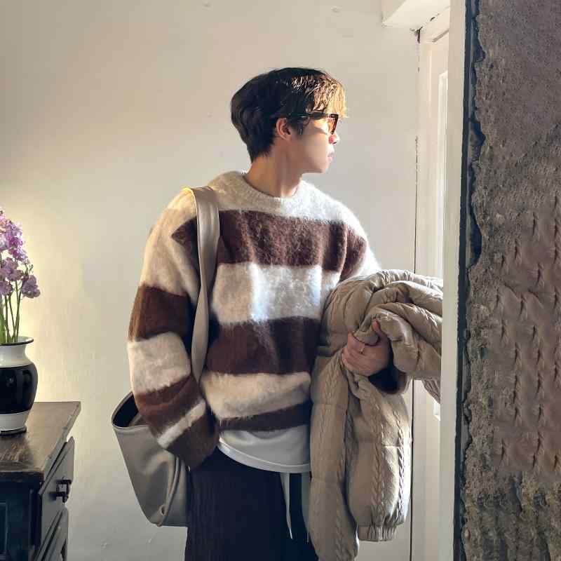 セーター メンズ 秋冬 大人 韓国 ニット ボーダー柄 柔らかい ふわふわ 厚手 暖かい カジュアル ラウンドネック 長袖 ゆったり プルオーバー トップス おしゃれ お出かけ ショッピング 茶色