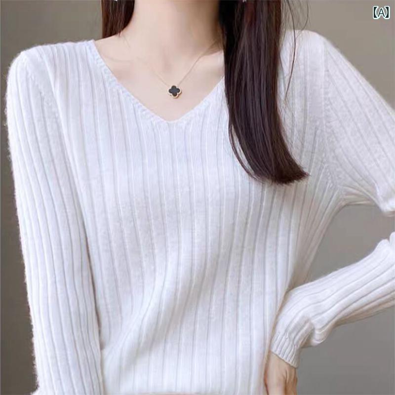 V-Neck - レディース ニット セーター 秋冬 Vネック ゆったり 韓国 ウール プルオーバー 長袖 大きいサイズ 白 ピンク 黒 シンプル カジュアル おしゃれ 普段使い スリムフィット 通気性